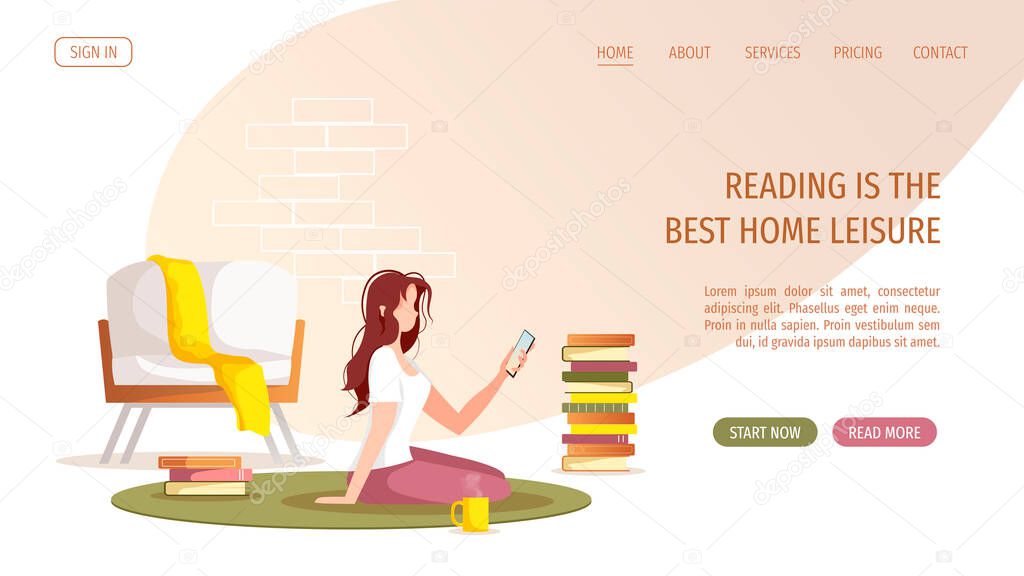 Woman sitting with phone and stacks of books at home. Reading, book lovers, E-book reader, home leisure concept. Vector illustration for poster, banner, cover, website.