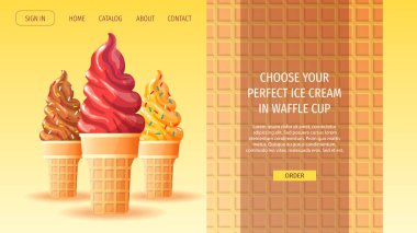 Dondurmacılar için web sitesi tasarımı, Tatlı Ürünler, Tatlı, Yaz. Çeşitli aromalı waffle bardağında dondurma. Poster, afiş, web sitesi, ticari, menü, reklam için vektör illüstrasyonu.