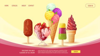 Dondurmacı ya da dükkan için web sitesi tasarımı, Sweet ürünleri, Tatlı. Çeşitli dondurma setleri. Poster, afiş, web sitesi, reklam, menü için vektör illüstrasyonu.