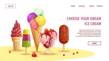 Dondurmacı ya da dükkan için web sitesi tasarımı, Sweet ürünleri, Tatlı. Çeşitli dondurma setleri. Poster, afiş, web sitesi, reklam, broşür, menü için vektör illüstrasyonu.