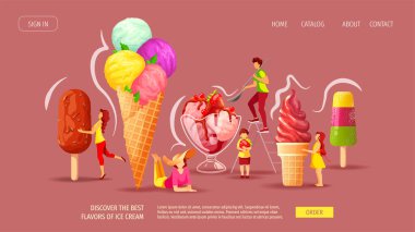 Dondurmacı ya da dükkan için web sitesi tasarımı, Sweet ürünleri, Tatlı. Minicik insanlarla çeşitli dondurma setleri. Poster, afiş, web sitesi, reklam, menü için vektör illüstrasyonu.