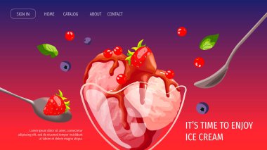 Dondurmacı ya da dükkan için web sitesi tasarımı, Sweet ürünleri, Tatlı. Vazoda dondurmalar, böğürtlenler ve kaşıklar. Poster, afiş, web sitesi, reklam, menü için vektör illüstrasyonu.