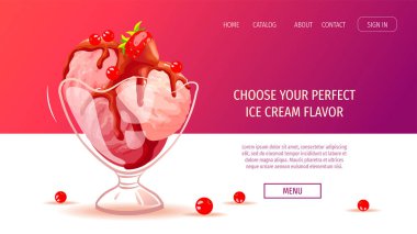 Dondurmacı ya da dükkan için web sitesi tasarımı, Sweet ürünleri, Tatlı. Vazo ve böğürtlenli dondurma. Poster, afiş, web sitesi, ticari, menü, reklam için vektör illüstrasyonu.