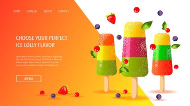 Dondurmacı ya da dükkan için web sitesi tasarımı, Sweet ürünleri, Tatlı, Yaz. Çeşitli aromalı meyveli lolipoplar. Poster, afiş, web sitesi, ticari, menü, reklam için vektör illüstrasyonu.
