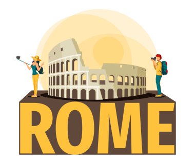 Roma Kolezyumu ve turistlerle seyahat kartı. Roma, İtalya, Avrupa, Turizm, mimari ve simge tasarımı. Vektör illüstrasyonu poster, pankart, kartpostal, kapak için kullanılabilir.