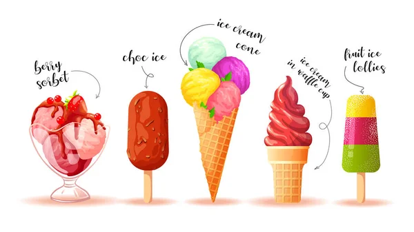 Set Various Ice Cream Captions White Background Ice Cream Parlor — Stock Vector