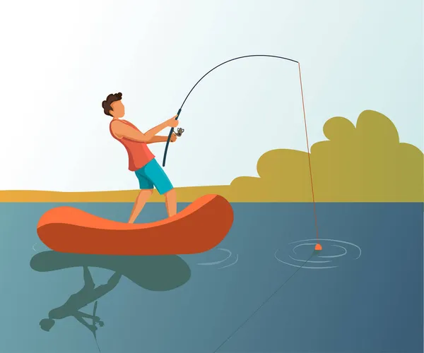 自然のためのポスターデザイン 若い男がボートや釣りに立っている ポスター バナー カバー カード用ベクトルイラスト — ストックベクタ