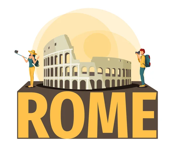ローマコロッセオや観光客との旅行カード ローマ イタリア ヨーロッパ ランドマークのデザイン ベクターイラストは ポスター バナー ポストカード カバーに使用できます — ストックベクタ
