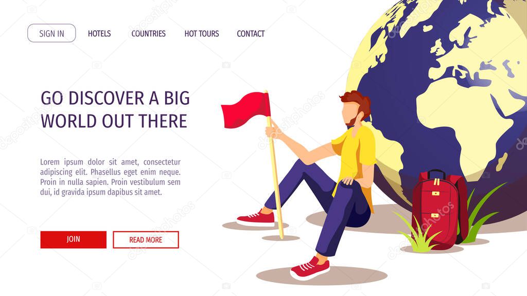 Web page design template for discovery, World Tourism Day, Travel agency. Young man sitting near the globe with red flag. Vector illustration for banner, poster, website, commercial, advertisement.