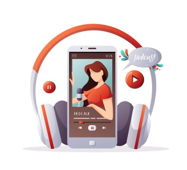 Podcast ve kulaklık kaydeden bir kadınla akıllı telefon. Yayınlama, blog yazma, podcast, radyo yayını, podcast uygulama kavramı. Poster, afiş, reklam için izole vektör illüstrasyonu.