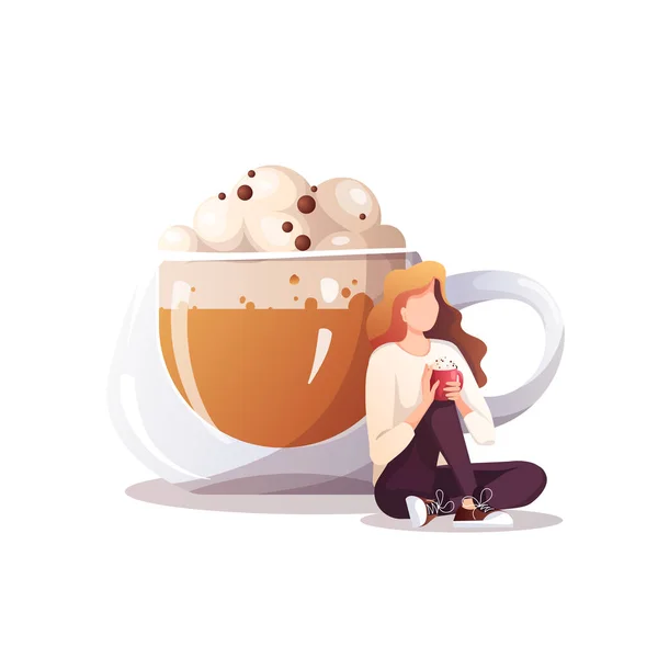 Riesige Tasse Und Frau Entspannt Sich Und Trinkt Kaffee Café — Stockvektor