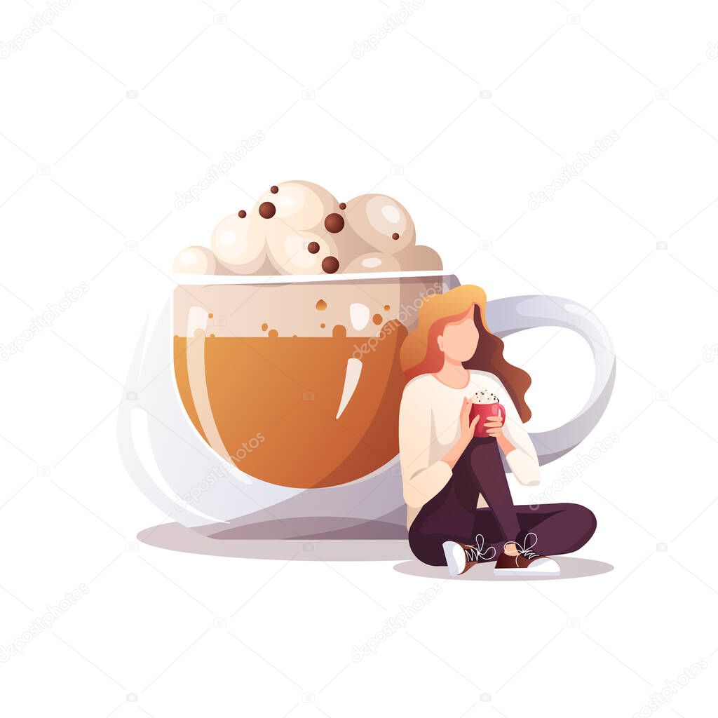 Huge cup and woman relaxing and drinking coffee. Coffee shop, break, cafe-bar, coffee lover concept. Isolated vector illustration for poster, banner, card. cover.