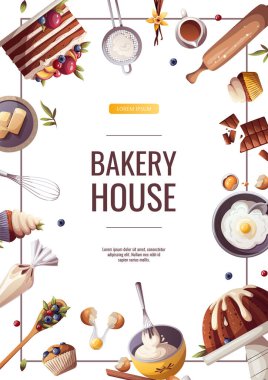 Un eleği, çırpı, tahta kaşık, boru torbası, merdane. Fırın, fırın, yemek, tatlı ürünler, tatlı, pasta konsepti. Poster, afiş, web sitesi, reklam için vektör illüstrasyonu.