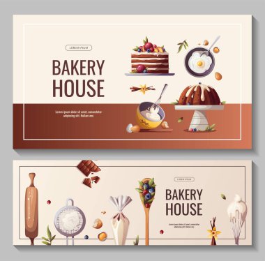 Bir dizi fırın elementi. Fırın, fırın, yemek, tatlı ürünler, tatlı, pasta konsepti. Poster, afiş, web sitesi, reklam için vektör illüstrasyonu.