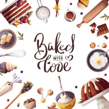  Fırın, fırın, yemek, tatlı ürünler, tatlı, pasta konsepti. Poster, afiş, kapak, menü, reklam için izole vektör illüstrasyonu.