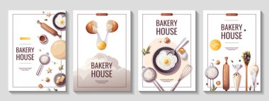 Pastacılık, pastane, yemek pişirme, tatlı ürünler, tatlı, pasta için pankart ya da afiş seti. Poster, afiş, kart, kartpostal, kapak, menü, reklam için A4 Vektör illüstrasyonu.