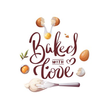 Sevgi dolu el yazması mektuplarla pişirilmiş. Fırın, fırın, yemek, tatlı ürünler, tatlı, pasta konsepti. Poster, afiş, kapak, kart için izole vektör illüstrasyonu.