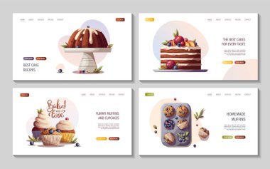 Pişirme elementleri içeren web sayfaları. Fırın, fırın, yemek, tatlı ürünler, tatlı, pasta konsepti. Poster, afiş, web sitesi, reklam için vektör illüstrasyonu.