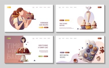Pişirme elementleri içeren web sayfaları. Fırın, fırın, yemek, tatlı ürünler, tatlı, pasta konsepti. Poster, afiş, web sitesi, reklam için vektör illüstrasyonu.