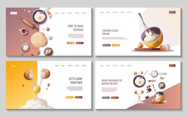 Pişirme elementleri içeren web sayfaları. Fırın, fırın, yemek, tatlı ürünler, tatlı, pasta konsepti. Poster, afiş, web sitesi, reklam için vektör illüstrasyonu.