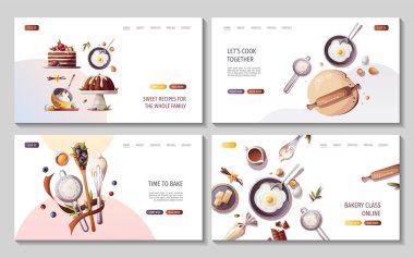 Pişirme elementleri içeren web sayfaları. Fırın, fırın, yemek, tatlı ürünler, tatlı, pasta konsepti. Poster, afiş, web sitesi, reklam için vektör illüstrasyonu.