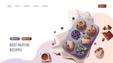 Böğürtlenli kek. Fırın, fırın, yemek, tatlı ürünler, tatlı, pasta konsepti. Poster, afiş, web sitesi, reklam için vektör illüstrasyonu.