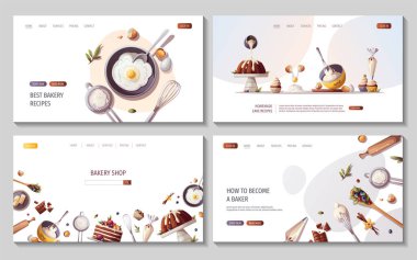 Pişirme elementleri içeren web sayfaları. Fırın, fırın, yemek, tatlı ürünler, tatlı, pasta konsepti. Poster, afiş, web sitesi, reklam için vektör illüstrasyonu.