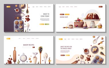 Pişirme elementleri içeren web sayfaları. Fırın, fırın, yemek, tatlı ürünler, tatlı, pasta konsepti. Poster, afiş, web sitesi, reklam için vektör illüstrasyonu.