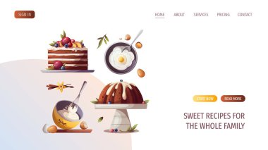 Kek pişirme süreci. Fırın, fırın, yemek, tatlı ürünler, tatlı, pasta konsepti. Poster, afiş, web sitesi, reklam için vektör illüstrasyonu.