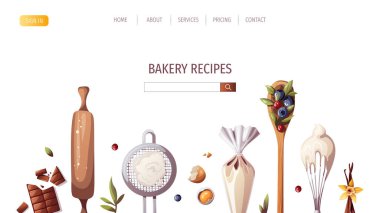 Un eleği, çırpı, tahta kaşık, boru torbası, merdane. Fırın, fırın, yemek, tatlı ürünler, tatlı, pasta konsepti. Poster, afiş, web sitesi, reklam için vektör illüstrasyonu.