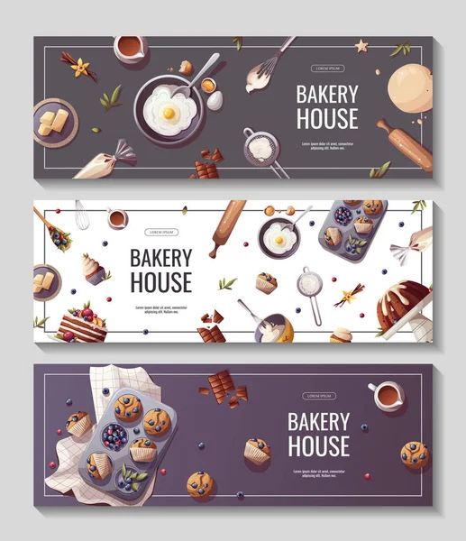 Ensemble Éléments Cuisson Boulangerie Boulangerie Cuisine Produits Sucrés Dessert Concept — Image vectorielle