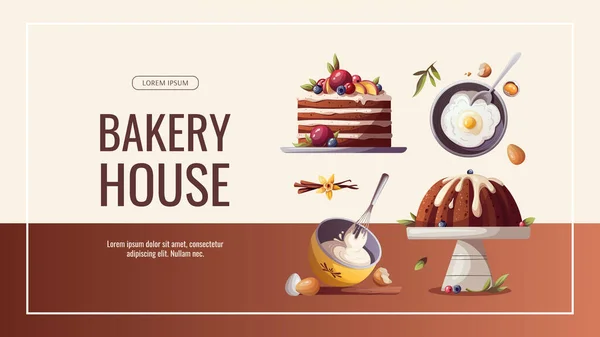 ケーキを焼くプロセス ベーキング パン屋 甘い製品 デザート ペストリーのコンセプト ポスター バナー ウェブサイト 広告用ベクトルイラスト — ストックベクタ