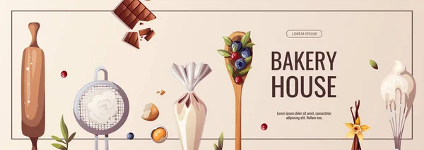 ベーキング パン屋 甘い製品 デザート ペストリーのコンセプト ポスター バナー ウェブサイト 広告用ベクトルイラスト — ストックベクタ