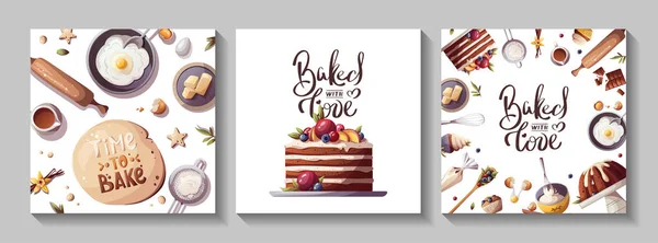 Set Flyers Voor Het Bakken Bakkerij Winkel Koken Zoete Producten — Stockvector