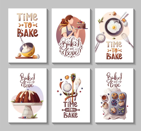 Set Flyers Baking Bakery Shop Cooking Sweet Products Dessert Pastry — Stockvektor
