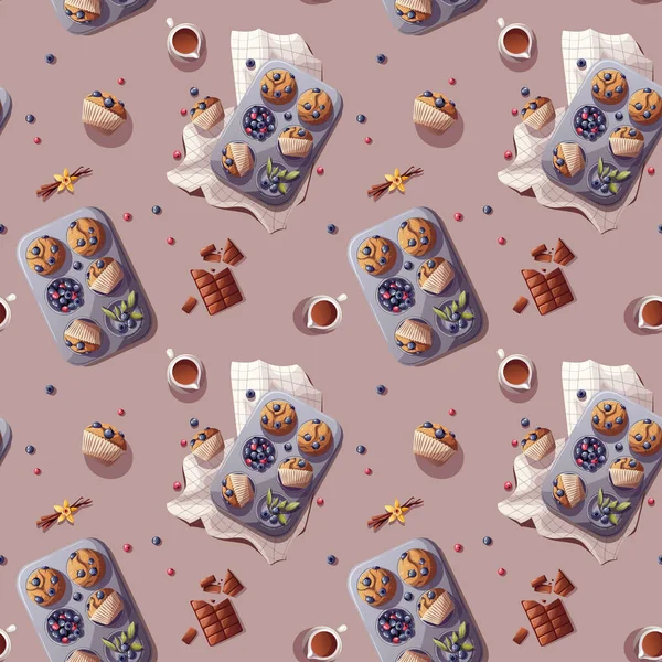 Seamless Pattern Muffins Berries Baking Bakery Shop Cooking Sweet Products — стоковый вектор