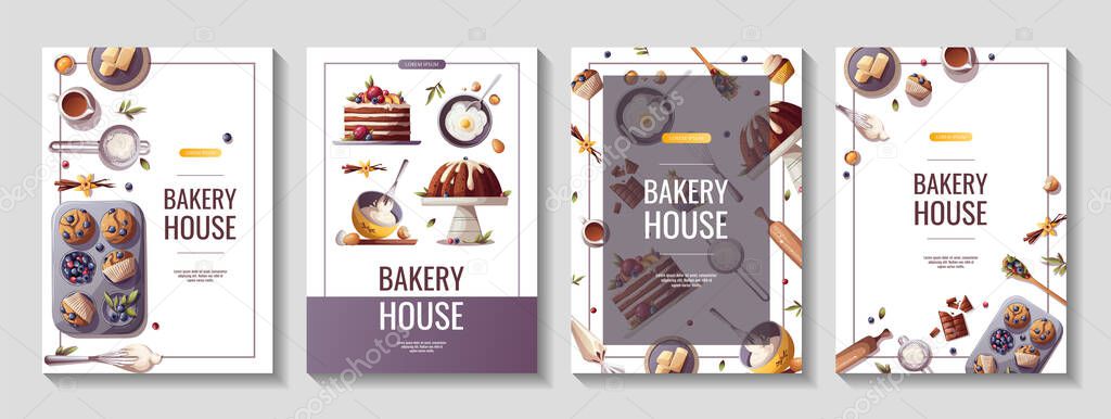 Set of cards or banners for baking, bakery shop, cooking, sweet products, dessert, pastry. A4 Vector illustration for poster, banner, card, postcard, cover, menu, advertising.