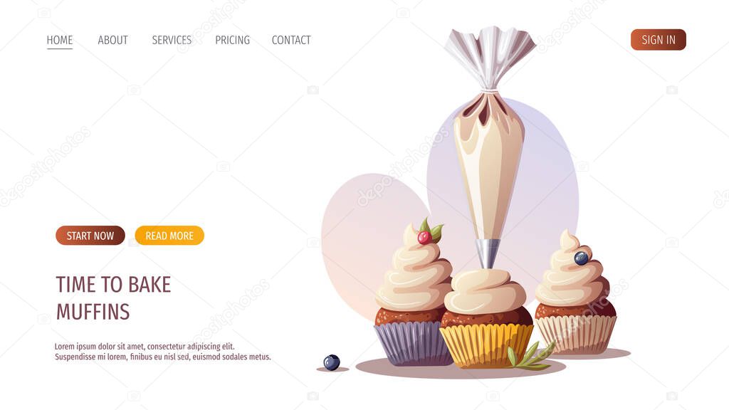 The process of baking cupcakes. Baking, bakery shop, cooking, sweet products, dessert, pastry concept. Vector illustration for poster, banner, website, advertising.