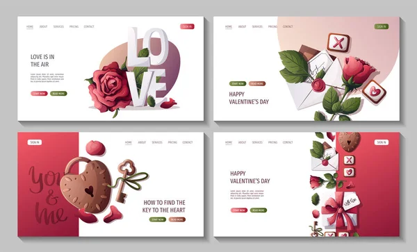 Conjunto Cartões Saudação Para Dia Dos Namorados Ilustração Vetorial — Vetor de Stock