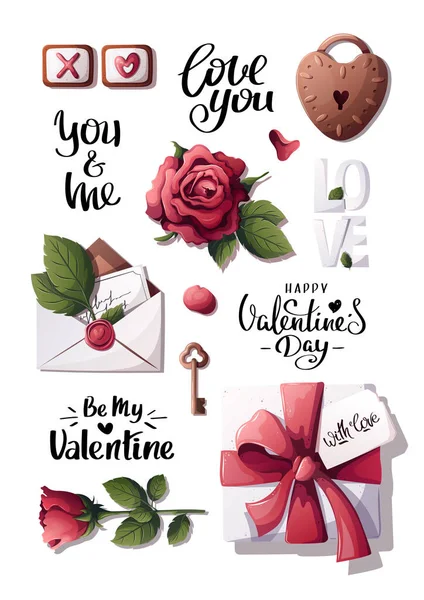 Vector Illustration Set Cute Valentine Day Elements — Stock Vector