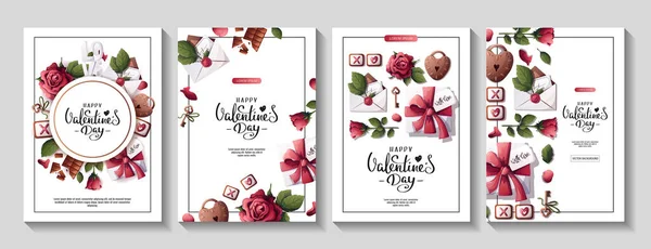 Conjunto Banners Vectoriales Con Flores Sobres Para Día San Valentín — Vector de stock