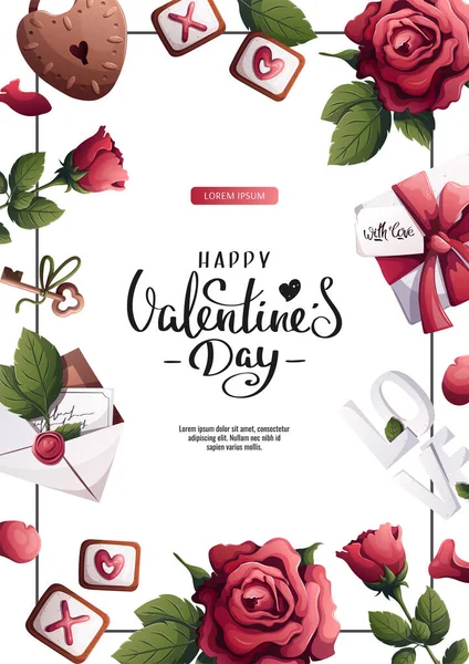 Sevgililer Günü Tebrik Kartı Beyaz Arka Planda Çiçekler — Stok Vektör