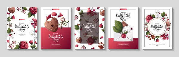 Conjunto Bandeiras Vetoriais Com Flores Envelopes Para Dia Dos Namorados — Vetor de Stock