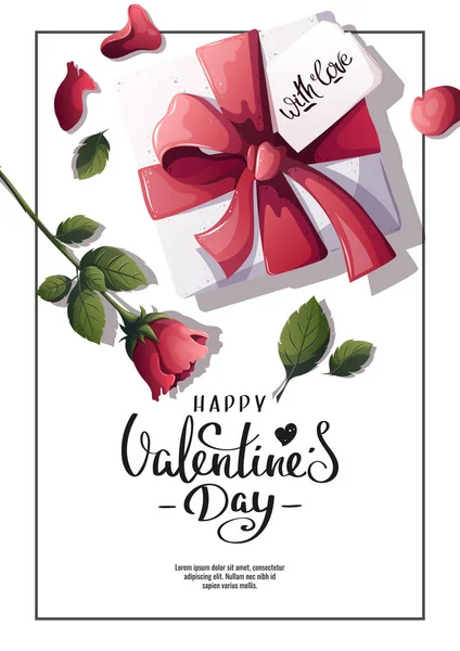 Happy Valentine Dagkaart Met Leuke Rode Strik Lint Vector Achtergrond — Stockvector