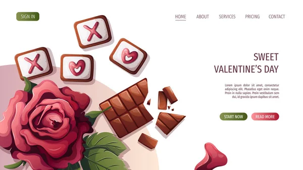 Vector Ilustración Barra Chocolate Con Flor Rosa Día San Valentín — Vector de stock