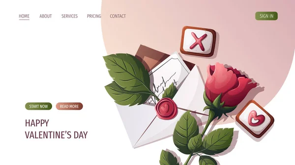 Valentijnsdag Envelop Met Roos Witte Achtergrond Vlakke Vectorillustratie — Stockvector
