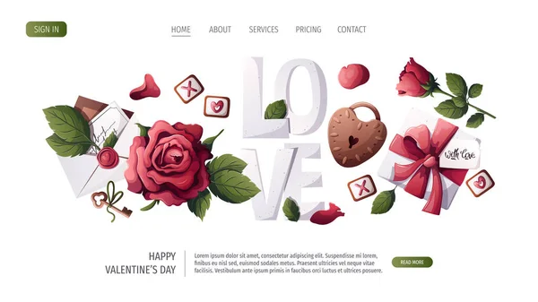 Fondo Del Día San Valentín Con Caja Regalo Flores Ilustración — Vector de stock