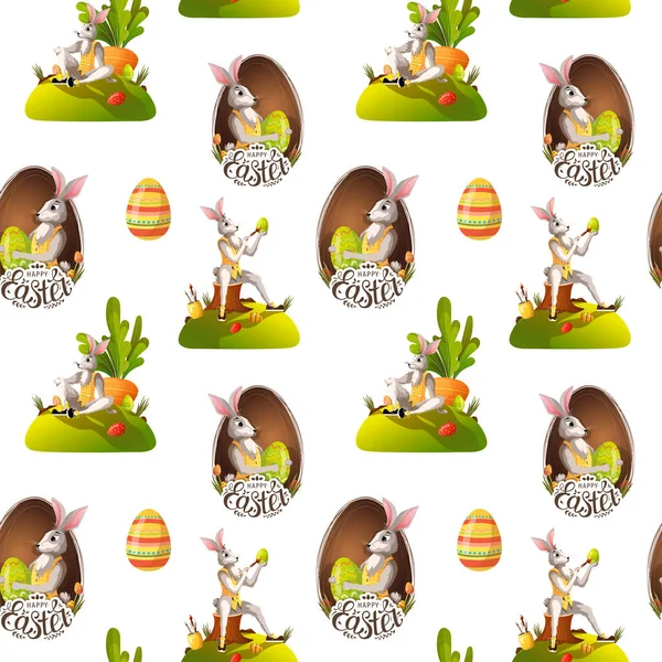 Бесшовный Узор Пасхальным Кроликом Морковью Цветными Яйцами Пасху Перфект Дизайна — стоковый вектор