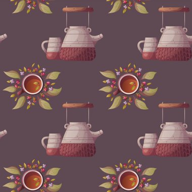 Çay seremonisi temalı kusursuz desen. Ürün tasarımı, duvar kağıdı, yapıştırma kitabı, tekstil ve ambalaj kağıdı için mükemmel..