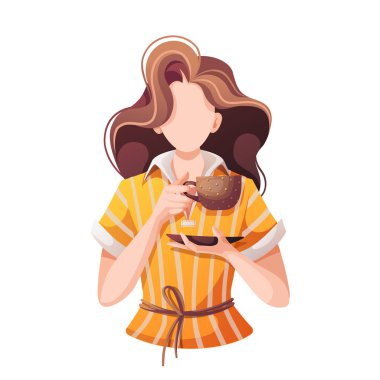 Web siteniz için tasarım ögesi. Güzel bir kadınla çay saati afişi, çay içen genç bir kız. 